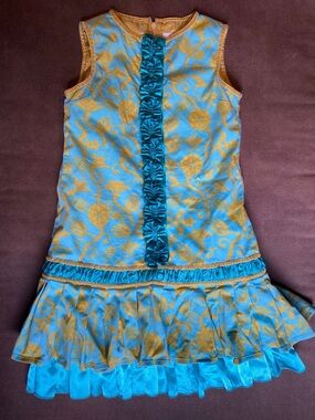 Blue and Gold Floral Ruffle Dress